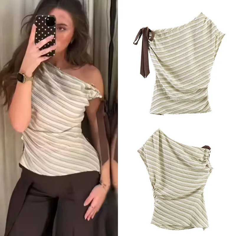 

2026 Summer Women's New Unique Fashion Casual Versatile Striped Short-Sleeve Asymmetric Collar Bow Decorative Top