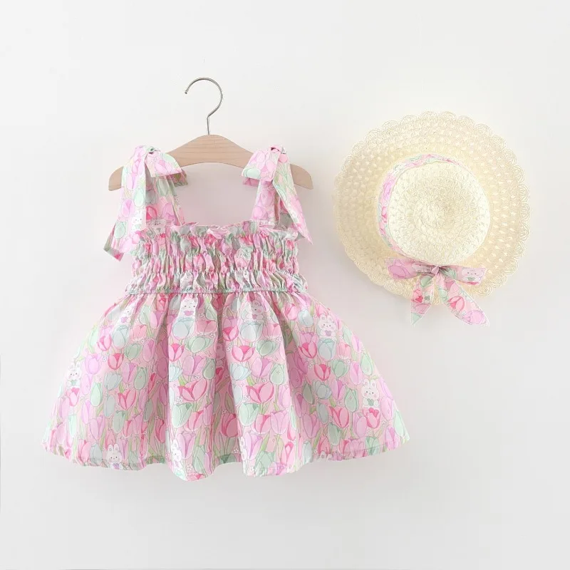 

Baby Girl Dress 1-4 Years Girl Summer Suspender Skirt Delivery Same Color Sun Hat Flower Print Sweet Cute Style Princess Dress