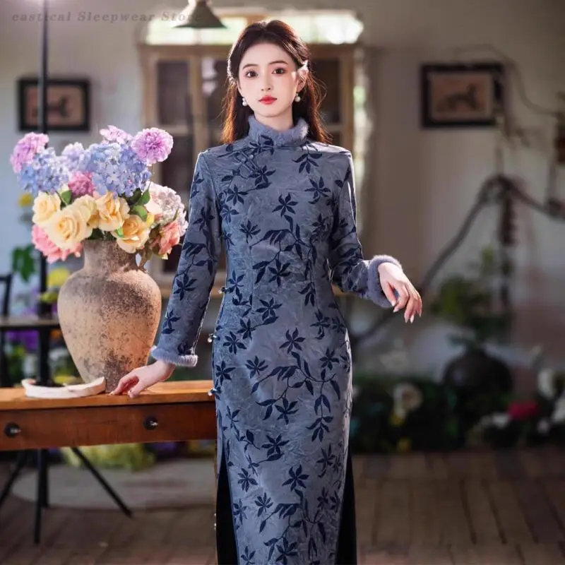 

Новое женское платье в китайском стиле, традиционное классическое зимнее утепленное платье Ципао, элегантное винтажное платье Ципао с цветочным принтом, Vestidos