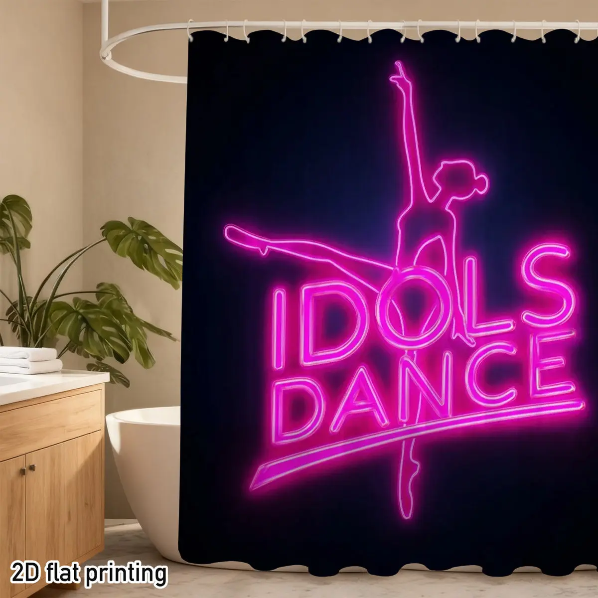 シャワーカーテン-ポリエステル-ネオンピンク-「idols-dance」-バレエ-シルエット-2d-フラット-防水-グロメットトップ-ダンススタジオ装飾-ギフト