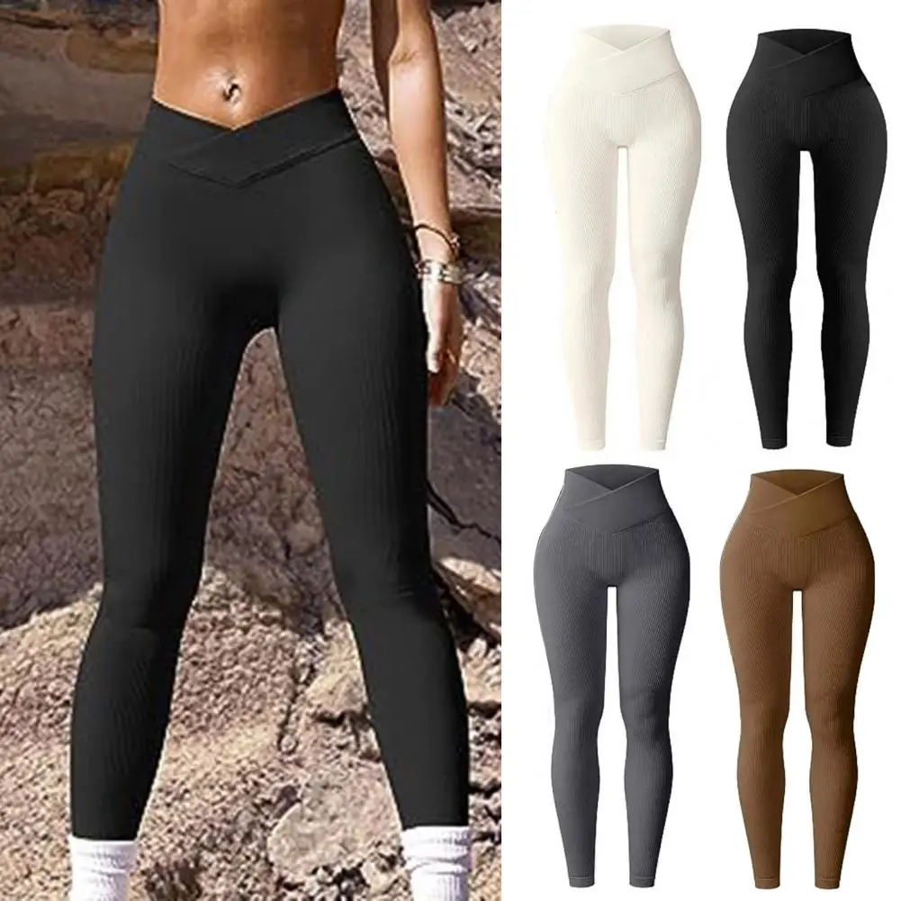 Effen Kleur Yoga Broek Geribbelde Yoga Legging Voor Vrouwen Hoge Taille Atletische Trainingsbroek Stijlvolle Sportoefening Voor Binnen