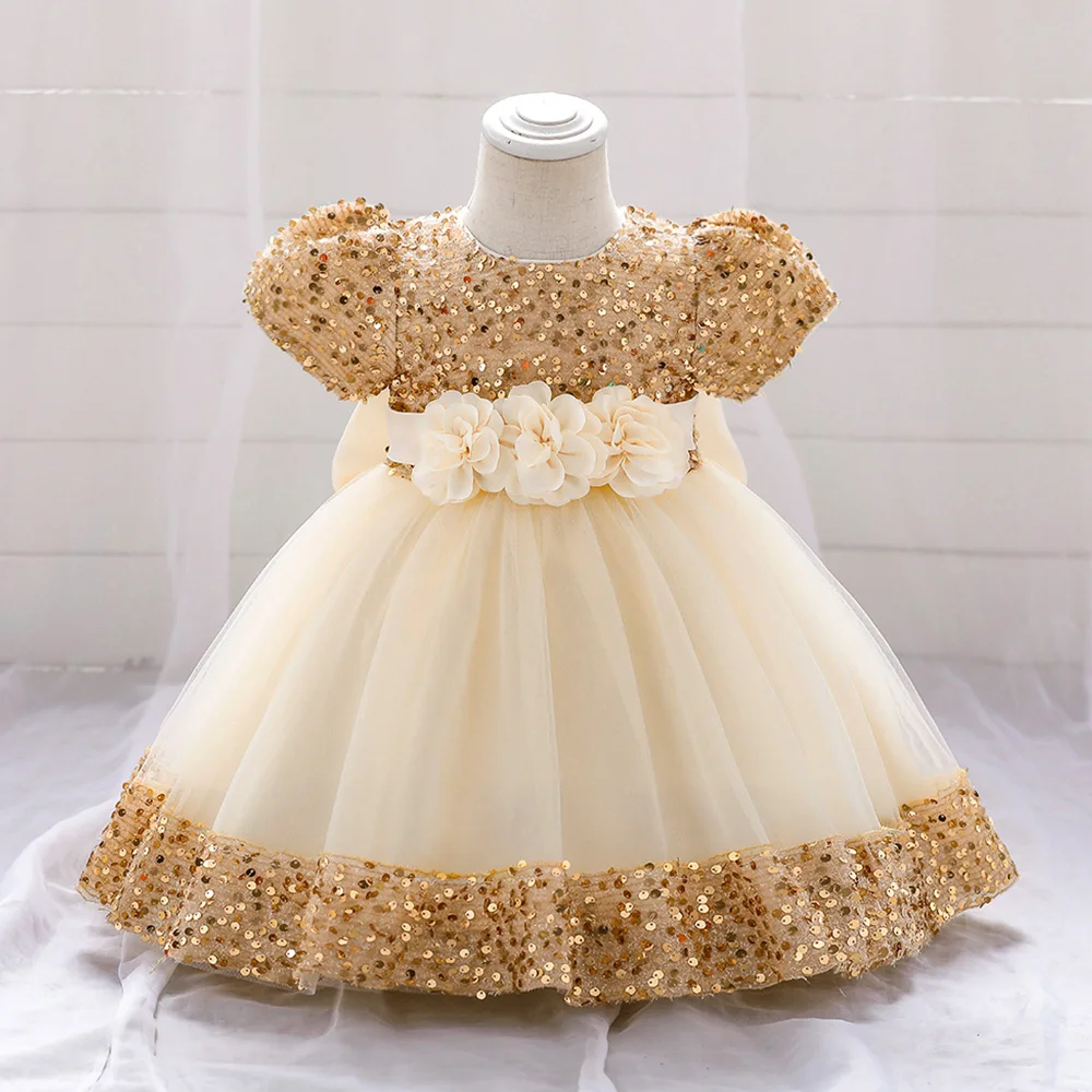 Big Bow Gold Sequins Party Baby Girls Dress Toddler Tutu Lace 1st Birthday Princess Dresses For Girl Wedding Prom Christmas Gown