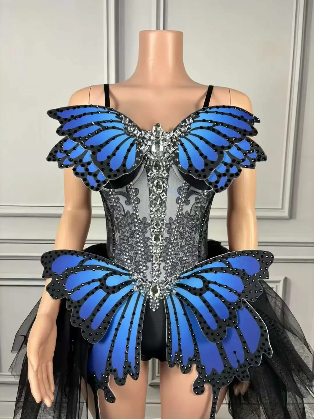Nuevo mono Sexy de LICRA colorido con cristales plateados y alas de mariposa para mujer, traje de fiesta de celebración de cumpleaños, actuación de baile