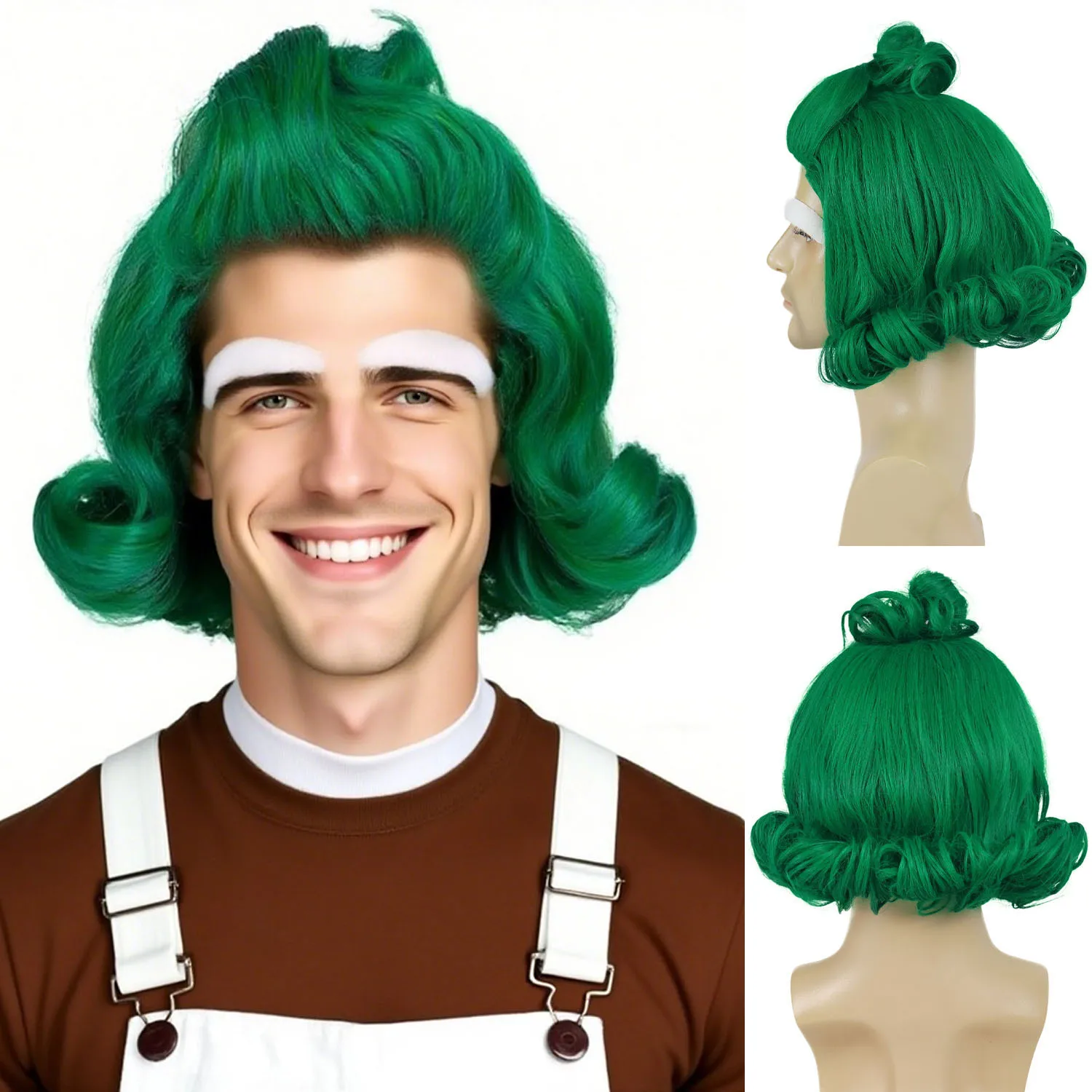 

Synthetic Hair Mens Short Curly Dark Green Wig with White Eyebow Outfit Male Funny Cosplay Wigs Halloween Party Costume Dress Up