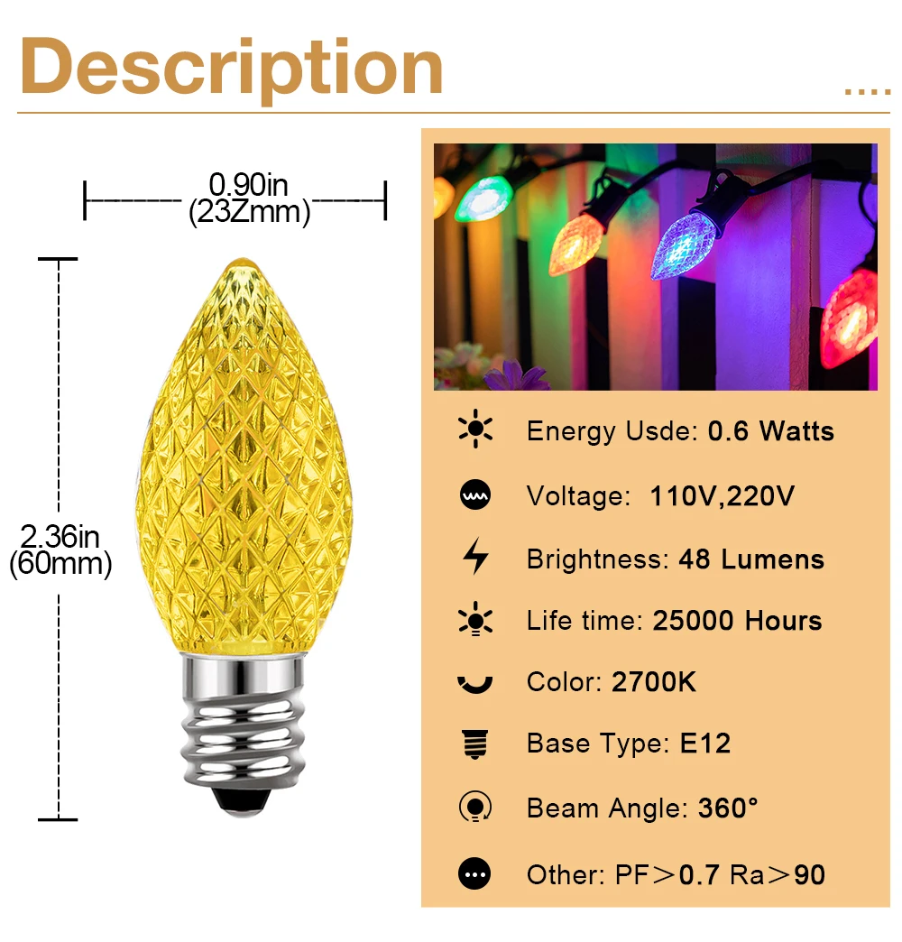 Multicolor C7 LED Light Bulbs 0.6W E12 Garden Decoration Night Lights Vintage Candle Lamps for C7 Outdoor String Lights