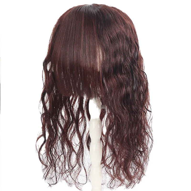 Topper do couro cabeludo natural marrom escuro com franja, cabelo humano encaracolado, peruca feminina, peças de cabelo humano virgem com clipes, 15x13cm