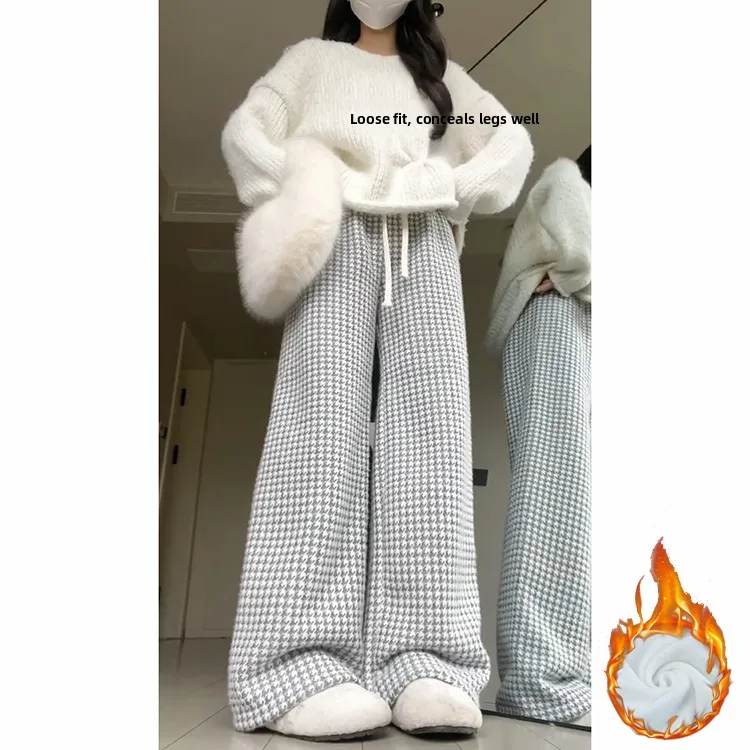 Cordeiro veludo xadrez calças casuais femininas outono inverno novo sle pequena fraança vento anti envelhecimento fce forrado thi quente reto...