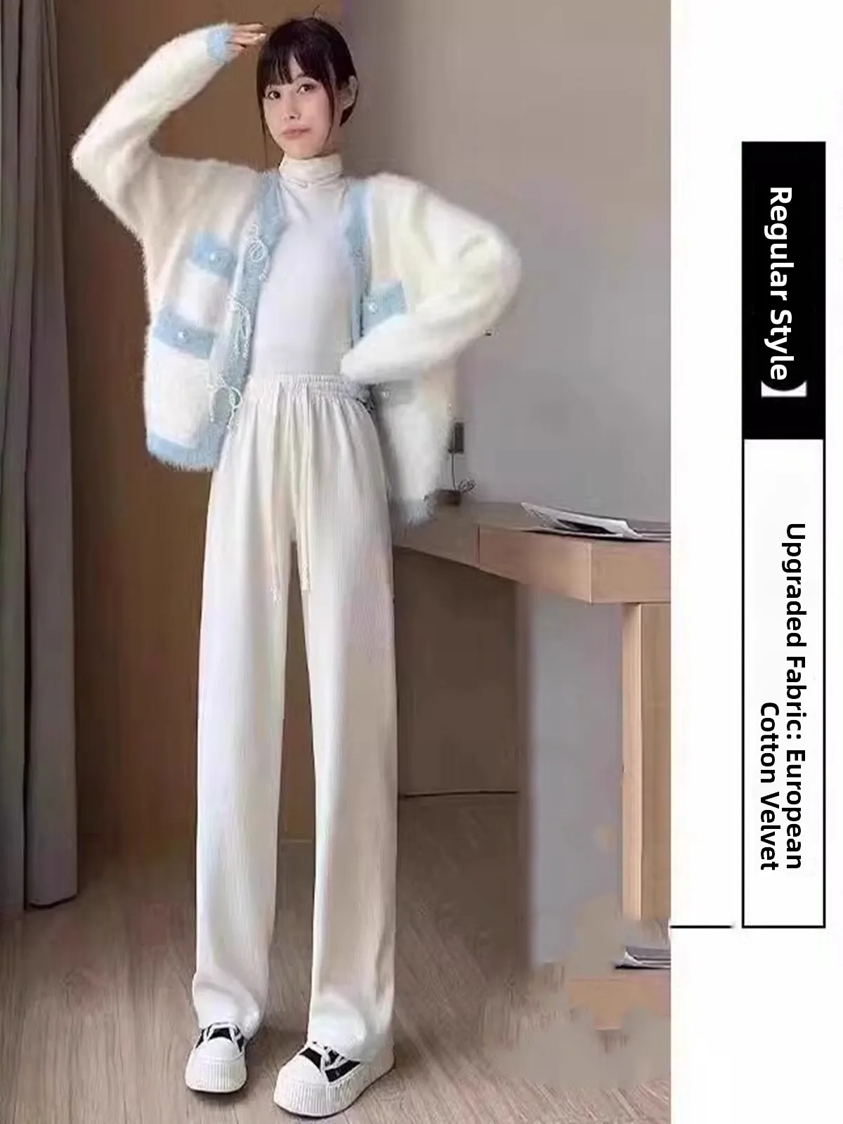 

Женские широкие брюки на подкладке с высокой талией, прямой крой, осень-зима, модные повседневные брюки, европейский хлопок, бархат