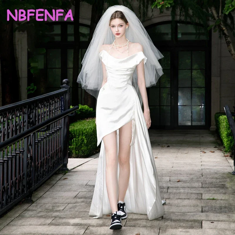 

NBFENFA One Shoulder Satin Light Wedding Dresses French Simple Irregular White Bride Engagement Dress Vestidos De Novias 2024
