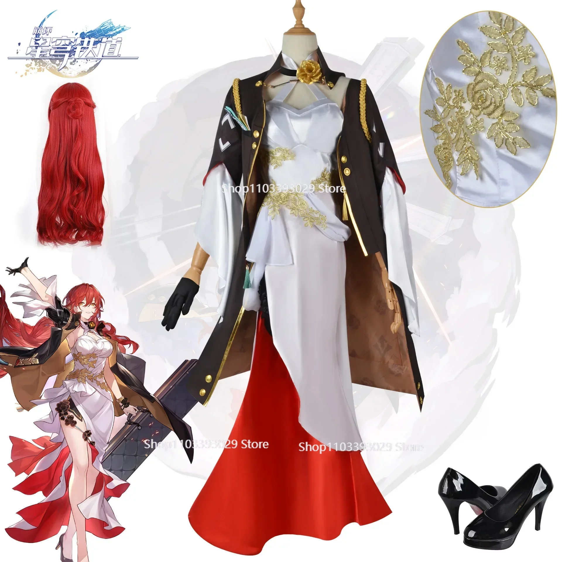 Fantasia cosplay com fivela vermelha para mulheres, jogo honkai, trilho estrela, vestido de noite sexy, fantasia cosplay com peruca, Himeko