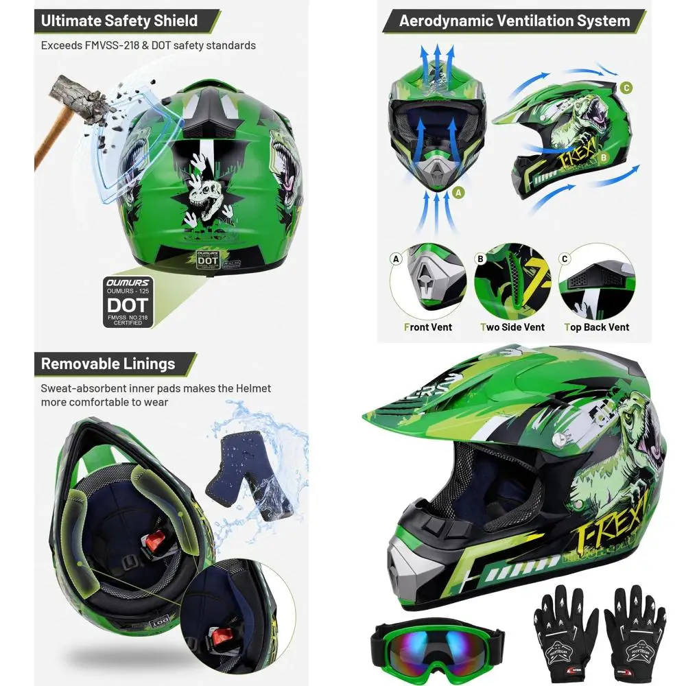 

Молодежный велосипедный шлем с очками и перчатками для детей 5–14 лет, подходит для детского квадроцикла, четырехколесного, мотокросса, BMX, MX, UTV, Off