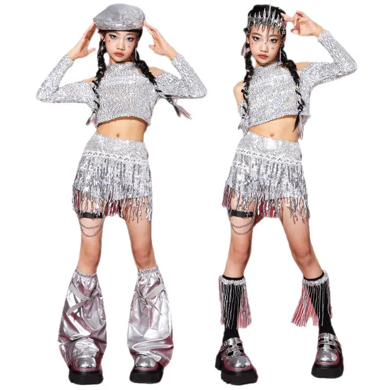 Costume de danse Kpop pour filles, tenue de Jazz, vêtements de spectacle de danse argenté, haut et s