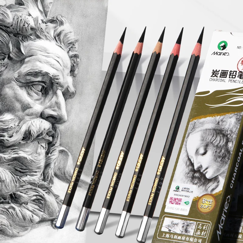 12pcs Marie's Charcoal Pencils Set for Drawing, Sketching,Shading,for Artists,Professional - Soft Medium and Hard Tips Blending