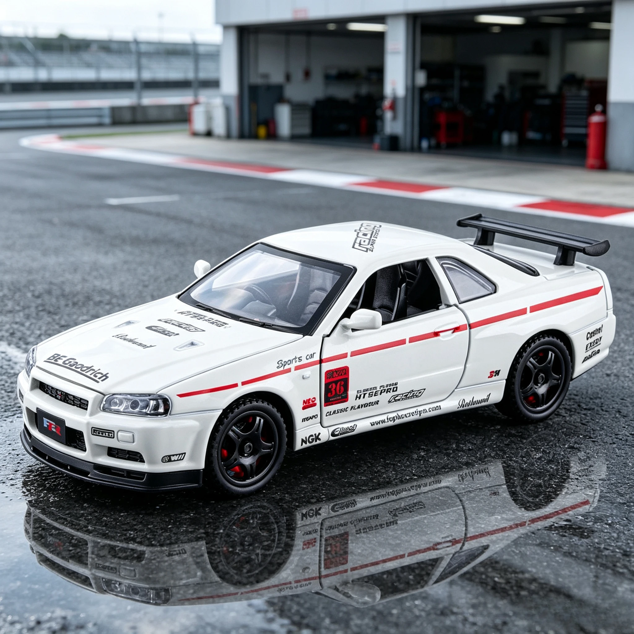 1:32 Skyline R34 Alloy Diecast Car Model White Racing Livery Pull Back Sound Light Open Door Sports Car Collectible Gift