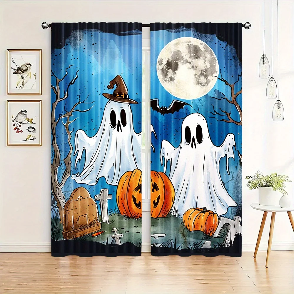 Halloween Ghost Curtains, Spooky Pumpkin Moon Window Drapes Cartoon Horror Decor Blackout Fabric for Kids Room Party Living Room
