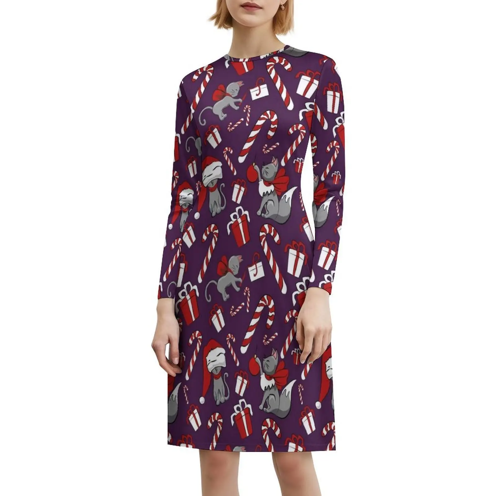 نمط قطة عيد الميلاد ° فستان نسائي أرجواني أنيق للحفلات على شكل حرف A مع خيارات قصيرة/طويلة/بدون أكمام للقطط والقطط وعيد الميلاد #6