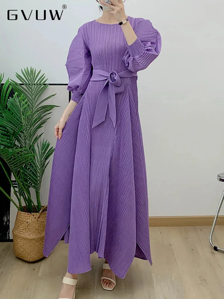 

GVUW Pleated Solid Color Large Swing Dress For Women O-neck Lace Up Loose Casual Evening Dresses 2024 Spring New Female 17G2753