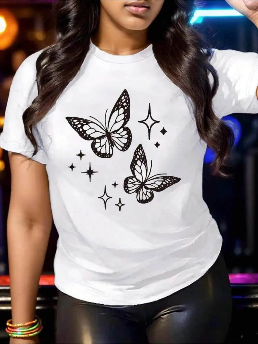 

Minimalist Butterfly Print T-Shirt – Loose Fit, Short Sleeve, Breathable Summer Top for Casual Daily Wear