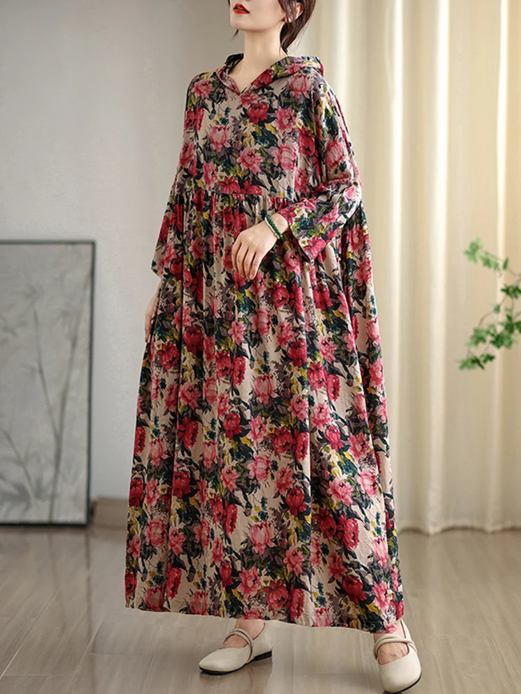 2025 outono novo com capuz manga longa vintage floral impressão vestidos longos para mulheres casual solto elegante vestido femme robe roupas
