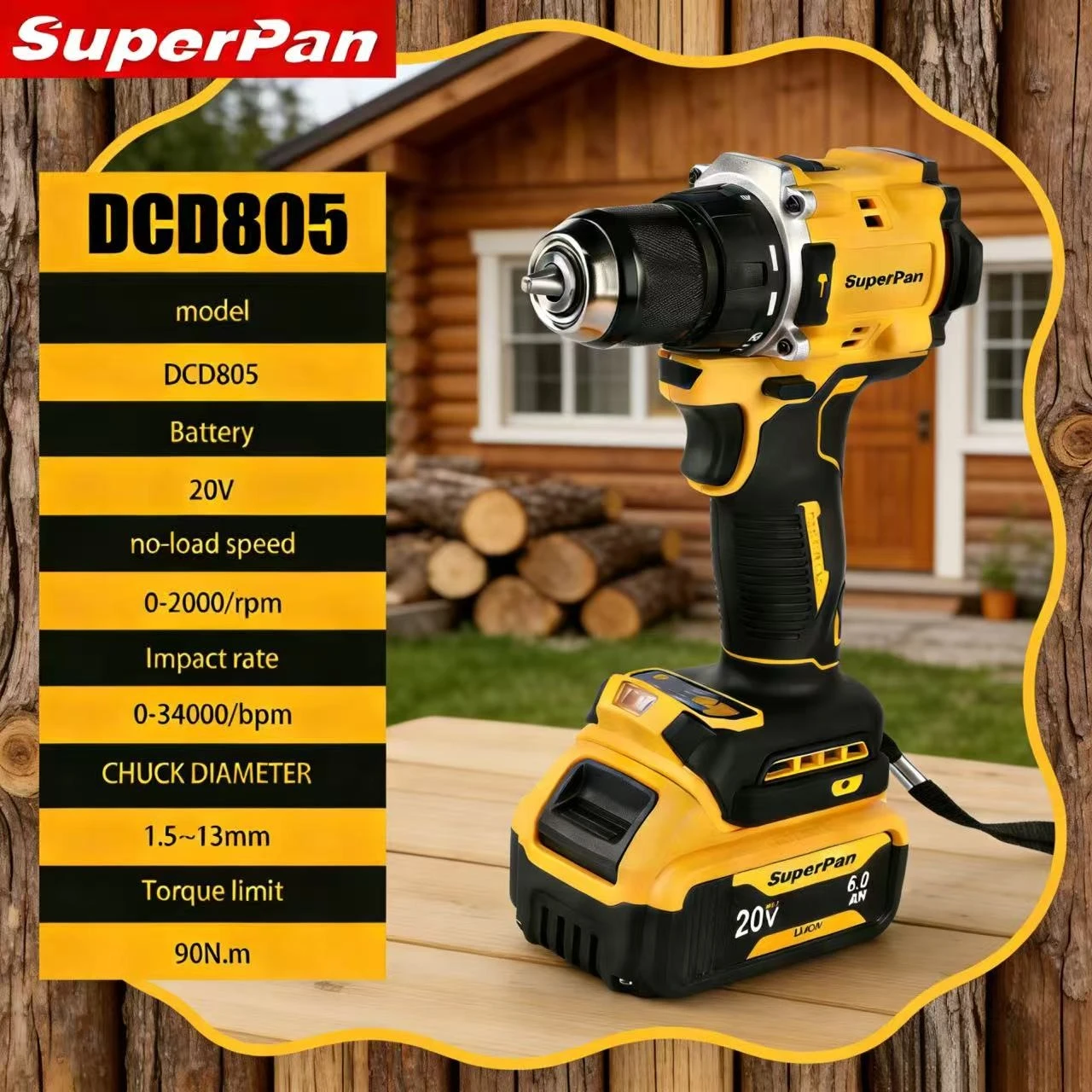 

Аккумуляторная дрель SuperPan SP805: компактный электроинструмент для удобного хранения, для дома и мастерской, совместим с аккумулятором DeWalt 20V.