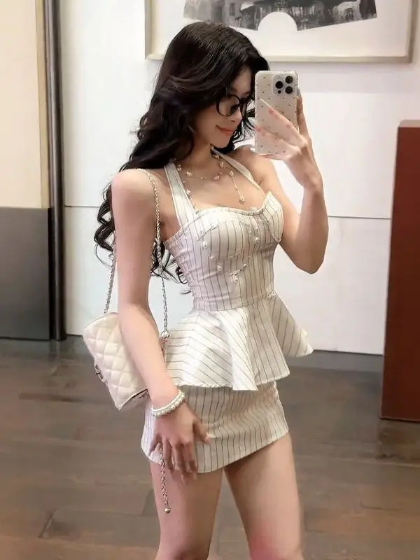 Vestido Sexy con Escote Retro, Diseño de Parches a Rayas, Estilo de Dos Piezas Falsas, Vestido Corto de Verano para Mujer, Nu...