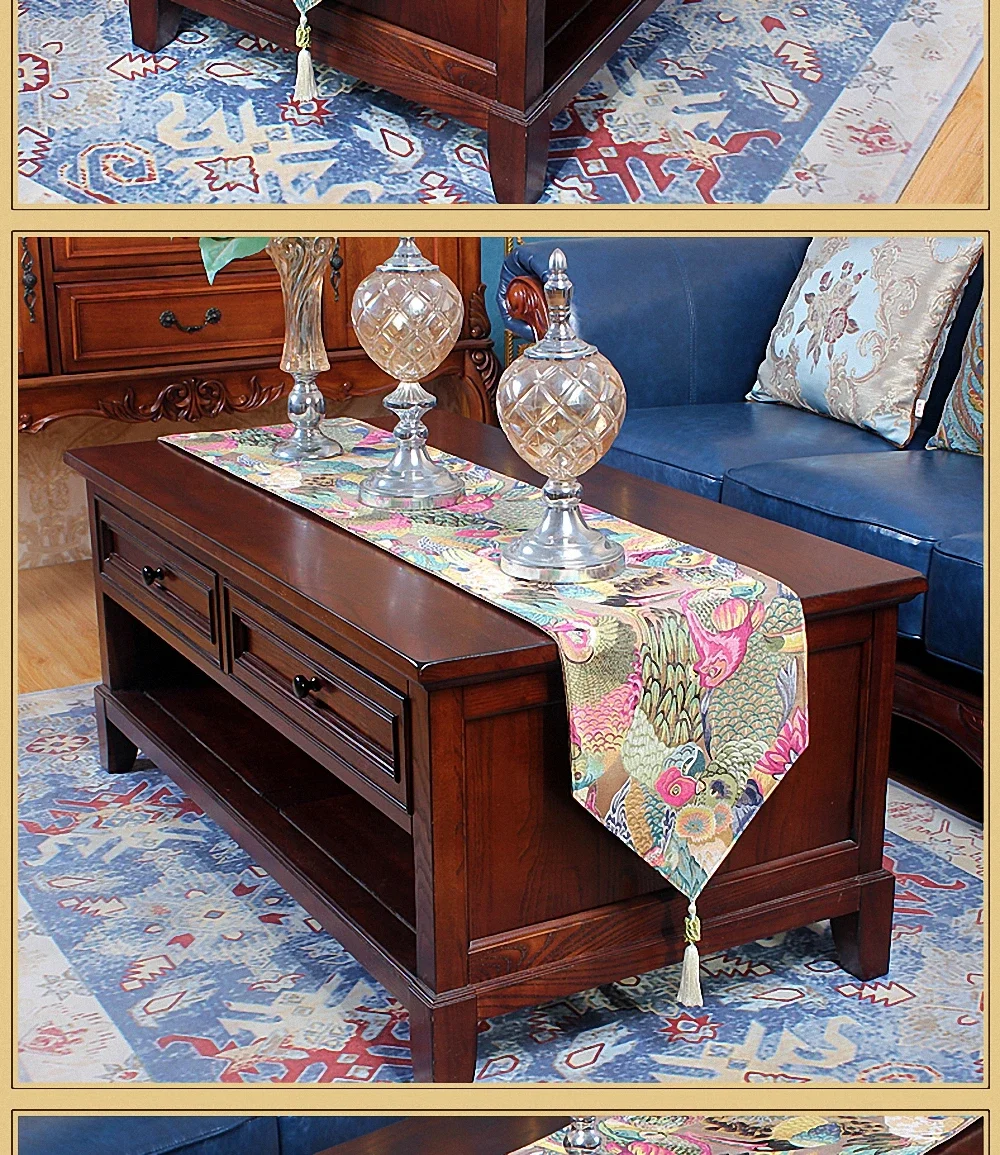 Exquisite Bird Embroidery Table Runner Yarn-dyed Lacquard Fabric  Tablecloth High Density Embroidery Table Cover Table Flag