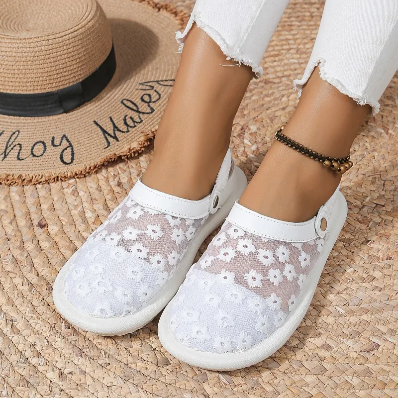 Mesh Outside Mules Summer Concise Ladies Shoes 2024 High Quality Flat with Floral Shallow Women\'s Slippers Chinelos Femininos