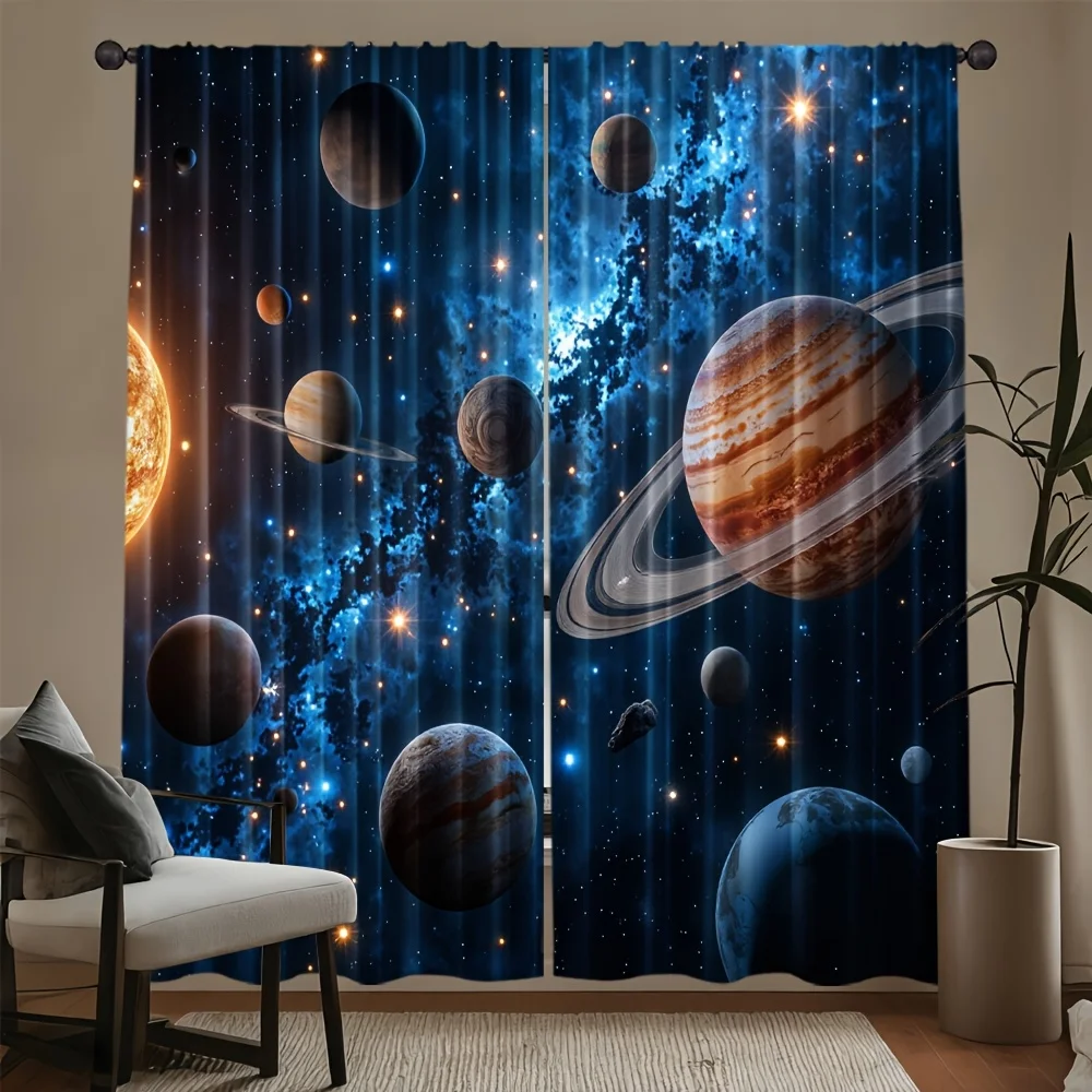 Cortinas con estampado del universo, 2 paneles, sistema solar, planeta, estrella, espacio, galaxia, poliéster, sala de estar, dormitorio, cortinas para ventana, decoración del hogar