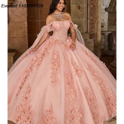 EVLAST Customized Pink Quinceanera Dress Ball Gown Floral Applique Beading Crystal Bow Corset Sweet 16 Vestido De 15 Anos TQD446