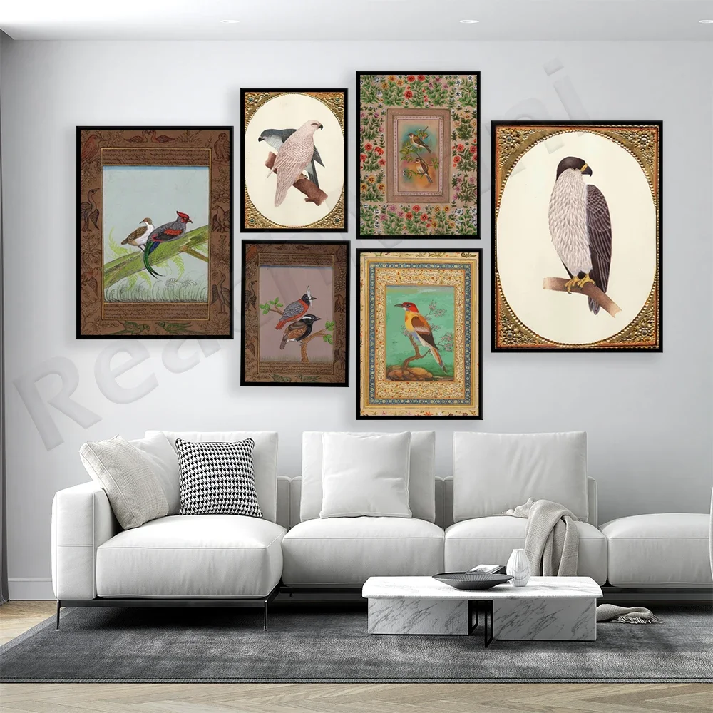 Indian Bird Wall Art, Mughal Bird, Indian Painting, Vintage, Persian Poster, Wall Art Canvas Print Living Room Decor, Arabic