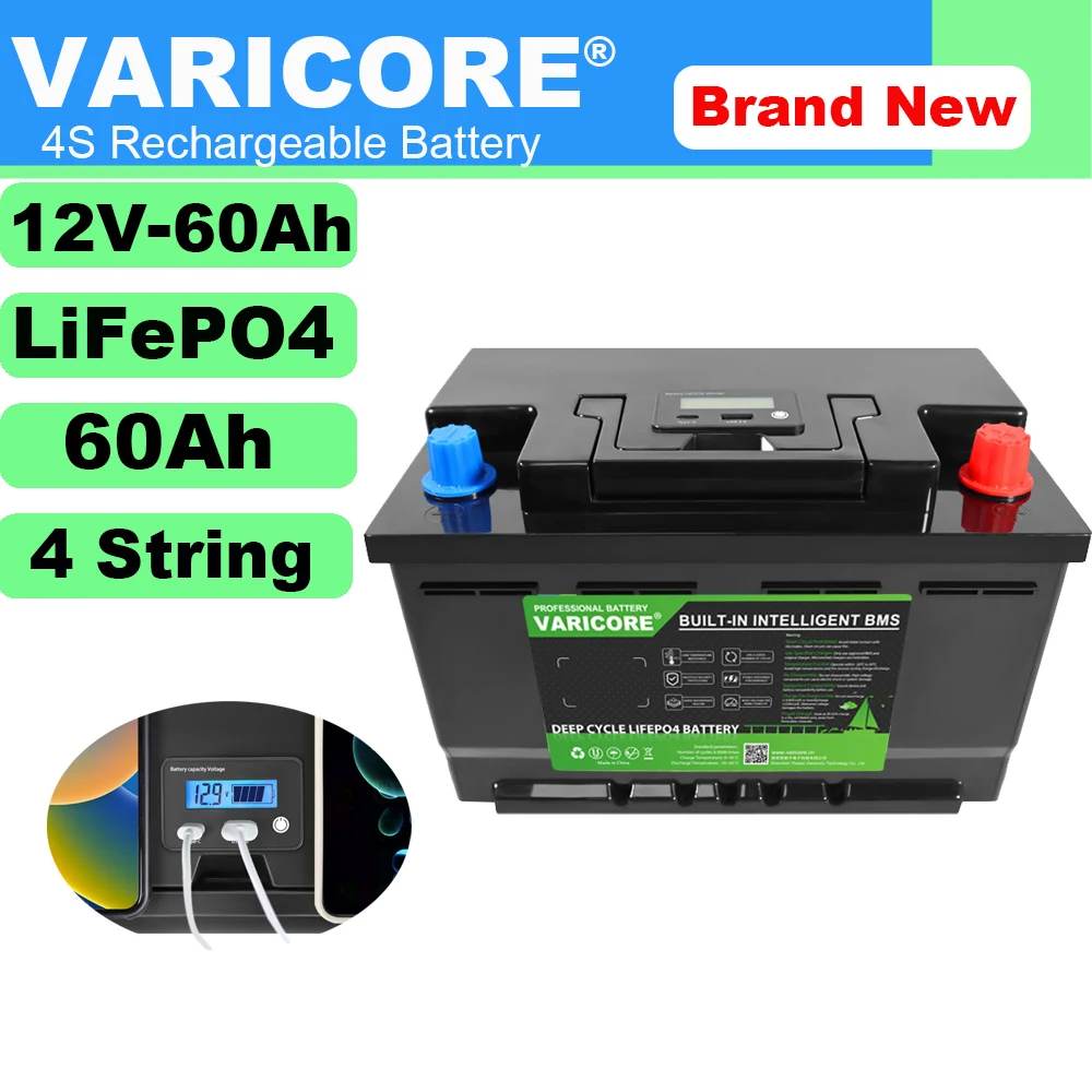 12V 60ah 4S Lifepo4 Batterij Lithium Power Batterijen 4000 Cycli Voor 12.8V Inverter Auto Aansteker Zonnewind + 14.6V 10a Lader
