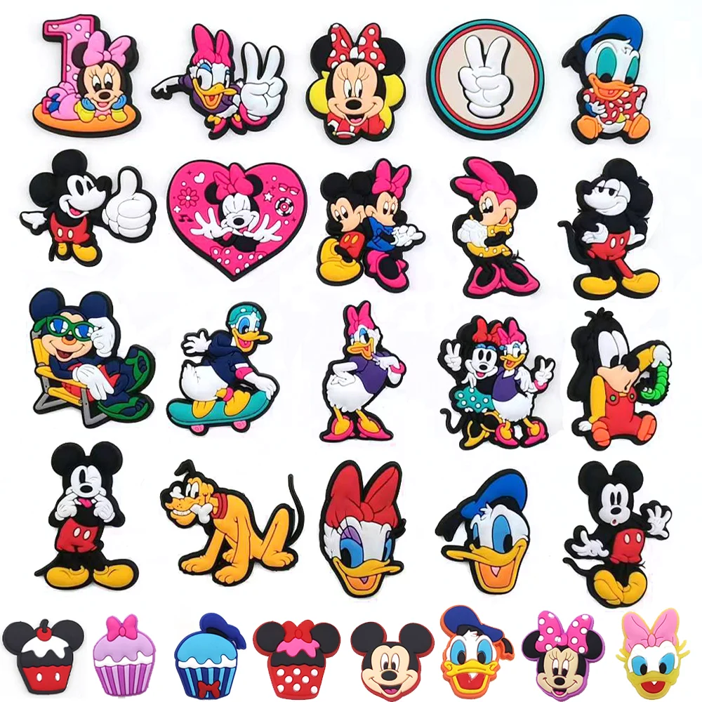 Aksesori dekorasi anak perempuan, Disney 1 buah lucu Mickey & Minne PVC pesona sandal kartun bakiak DIY pin dekorasi hadiah pesta x-mas