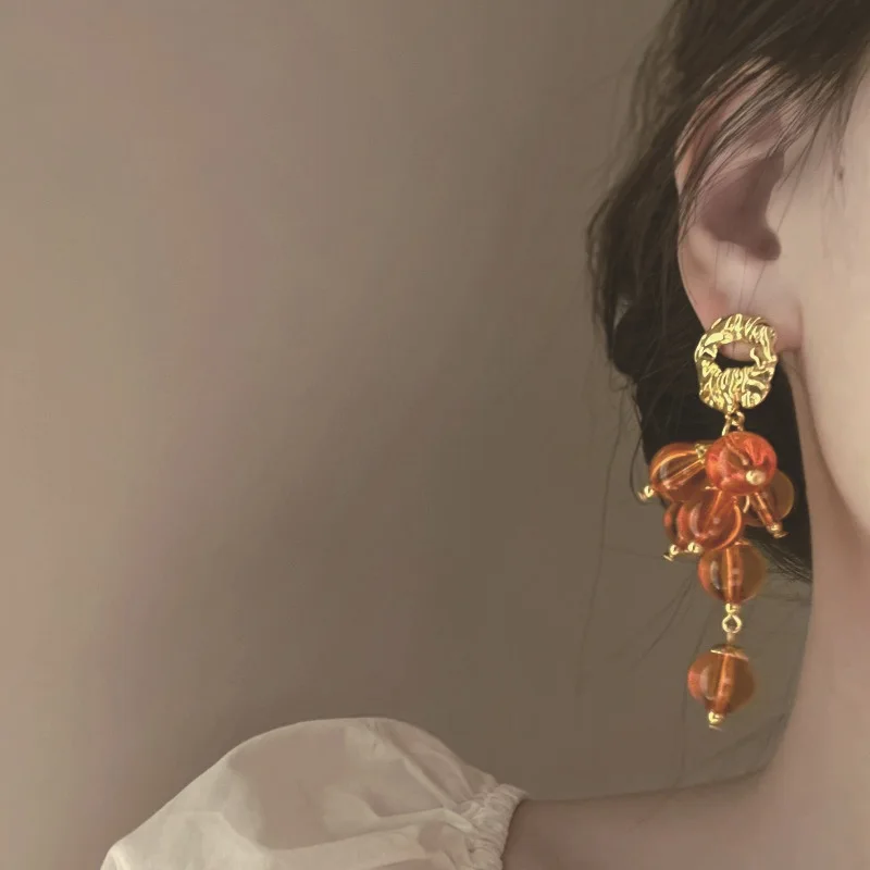 French Vintage Beaded Tassel Earrings Orange Bead Earrings