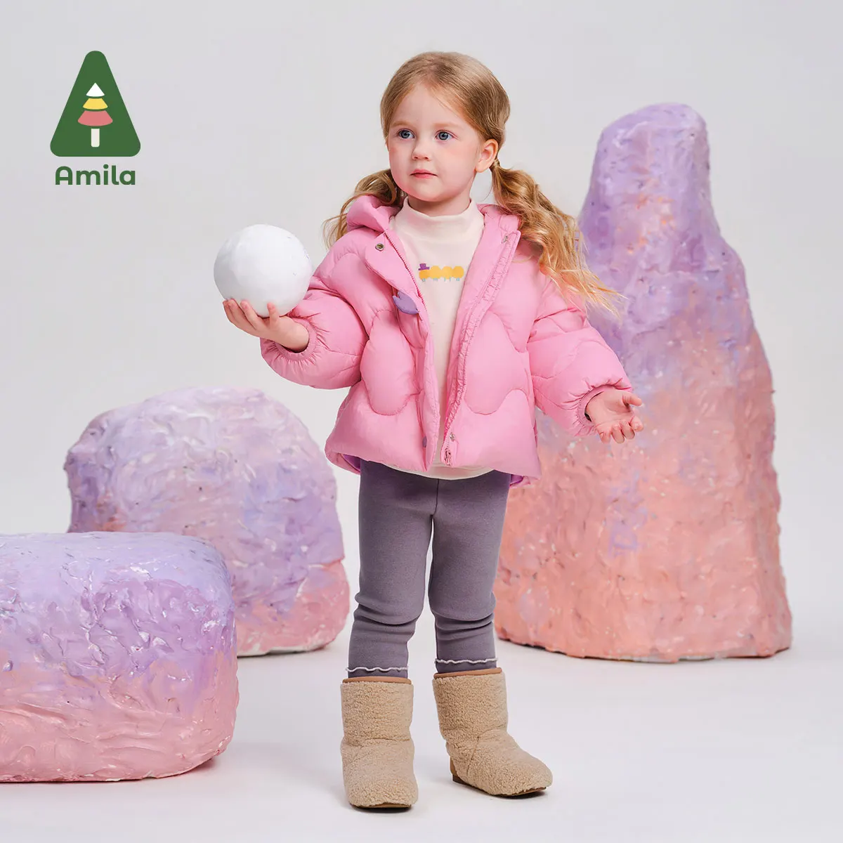 Amila Baby Down Jacket 2024 Winter New Girls White Duck Down Pure Color Sweet Warm Hooded Soft Casual Loose Children‘s Jacket