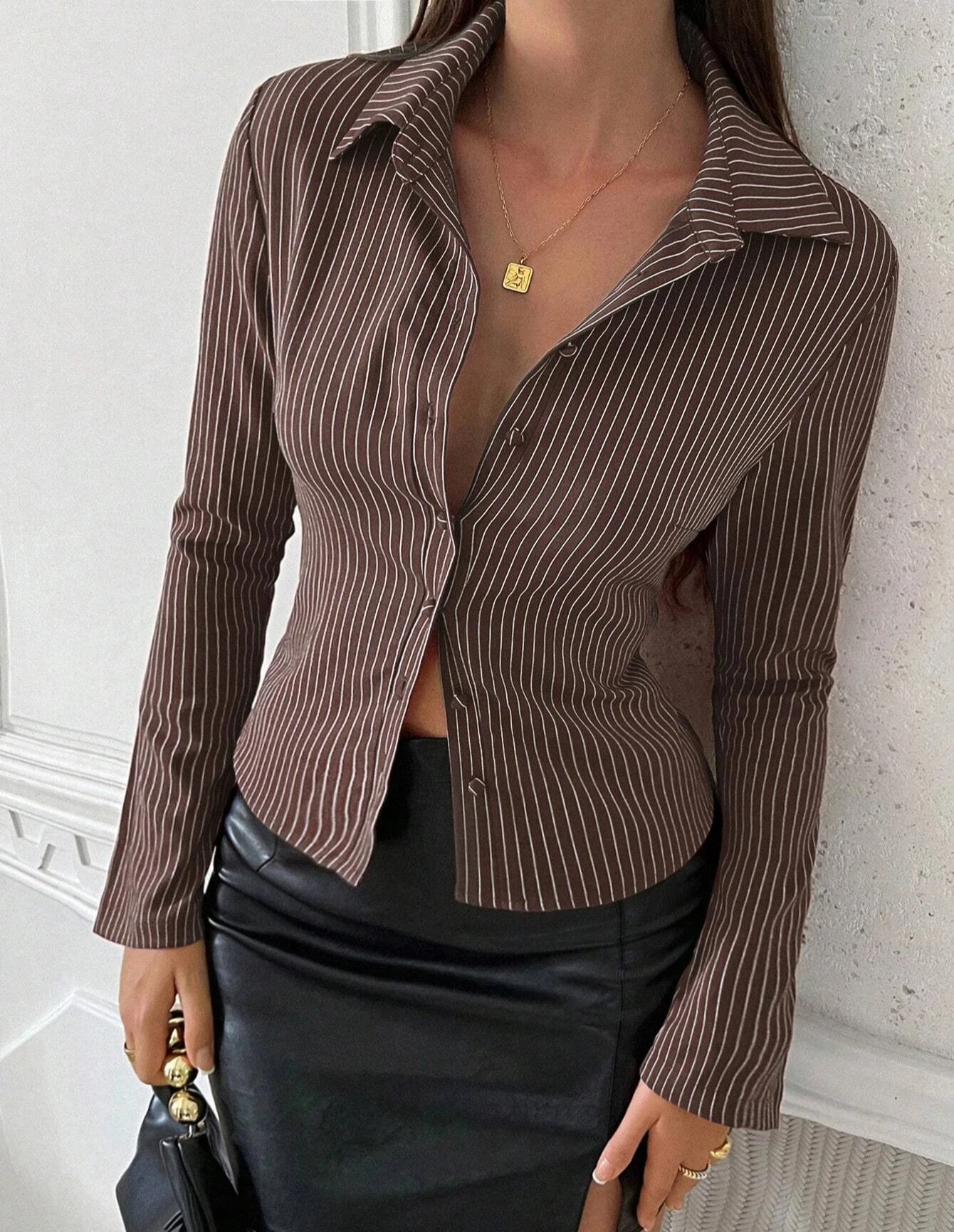 

Women's Striped Slim Button Up Long Sleeve Shirt Work Commuting Cropped Top Streetwear Autumn/Winter