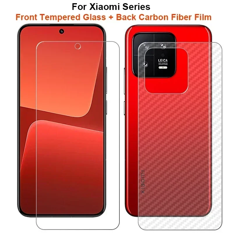 For Xiaomi Mi 14T 14 13 13T 12 12T 11T Ultra Lite Pro 11 Lite 5G NE = Back Carbon Fiber Film + Tempered Glass Screen Protector