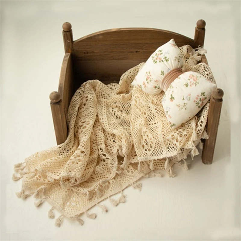 Square Lace Blanket Newborn Baby Photo Shoot Wrap Backdrop Cotton Vintafe Beige Tassel Blanket Photography Swaddle Basket Filler