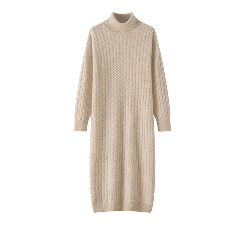 High Collar Cable Knit Women's Long Dress Autumn Winter 100% Cashmere Dress Versatile Fashion Solid Color Women's Wear