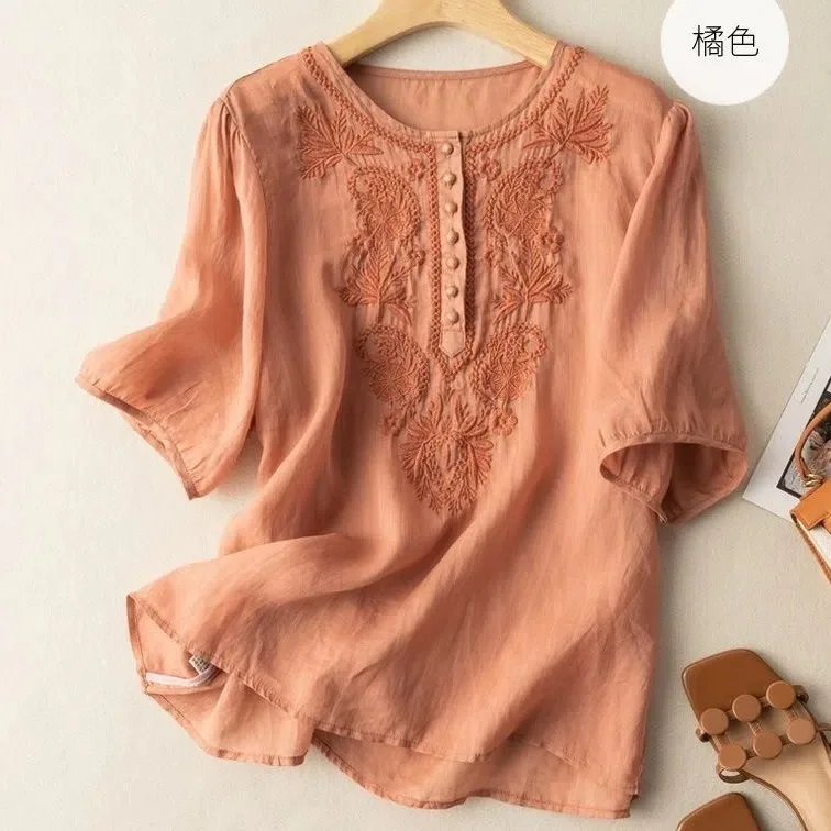 Literature Vintage Embroidery Cotton Linen Shirt Women New Summer Round Collar Short Sleeve Casual Loose Blouse Tops s590