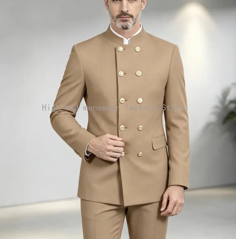 Men Stand Collar Double Breasted Suit 2 Pieces Formal Wedding Groom Tuxedo Jacket Pants Luxury Gold Button Business Party Suits