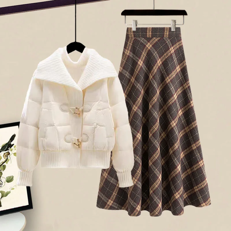 

Winter New Year Women's Fashion Set Thickened Short Coat with Fleece plus Plaid Skirt Two-Piece Suit for Ages 18-25