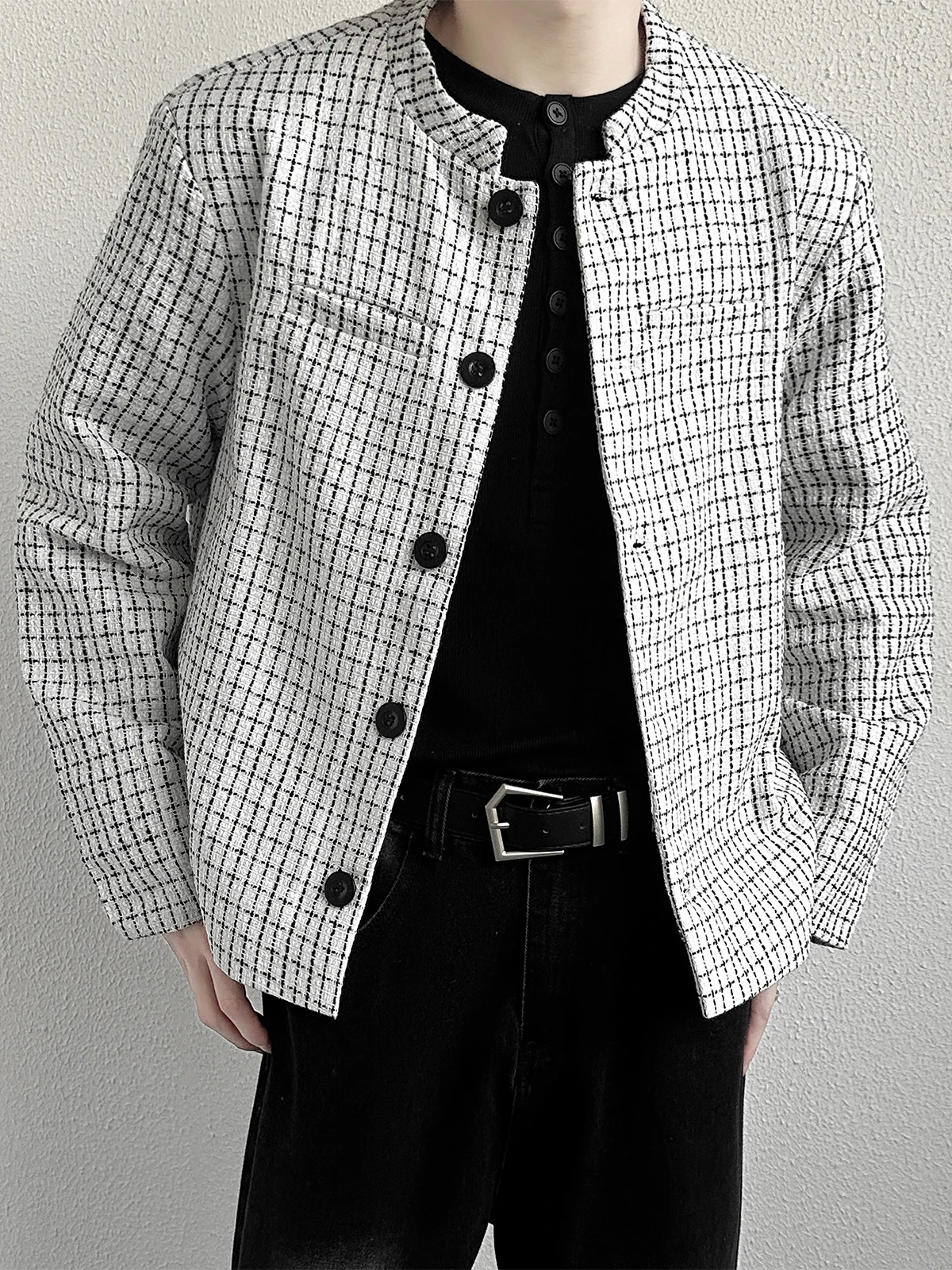 

New Chinese Sle ort oulder Pad Tweed Men's Suit Jaet Casual Stand Collar Leisure Plaid irt High-End Sensation