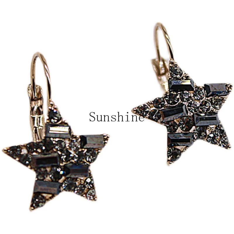 Crystal five-pointed star earrings, women's ear buckle pendant, gold earrings, niche design sense