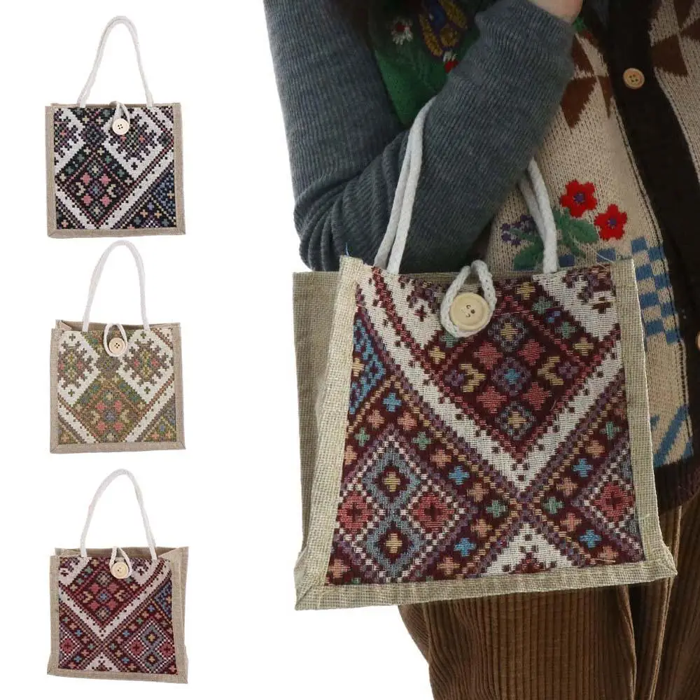Ethnic Style Canvas Bag Printing Casual Handbag Large Capacity Girls Portable Linen Cloth Lunch Bag Mommy Bag
