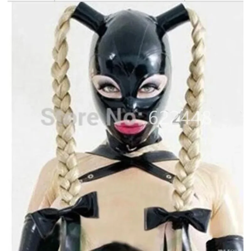 100% latex mask rubber unisex hood with pigtails rubber fetish mask two braid wigs latex headgear customized