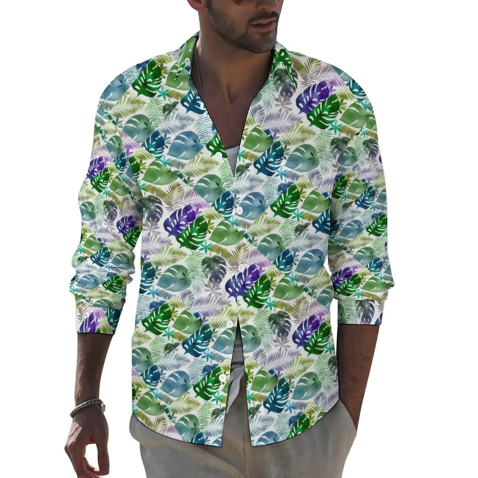 

Purple Tropical Shirt Autumn Palm Leaves Casual Shirts Men Fashion Blouses Long Sleeve Design Y2K Clothes Plus Size 3XL 4XL