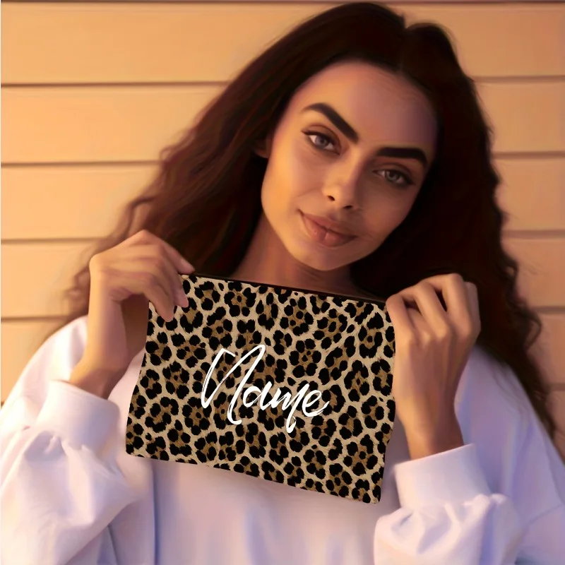 Makeup Pouch Elegant Leopard Print Zipper Bag with Personalized Name Gift for Love & Party, Travel Cosmetic Bag Pouch