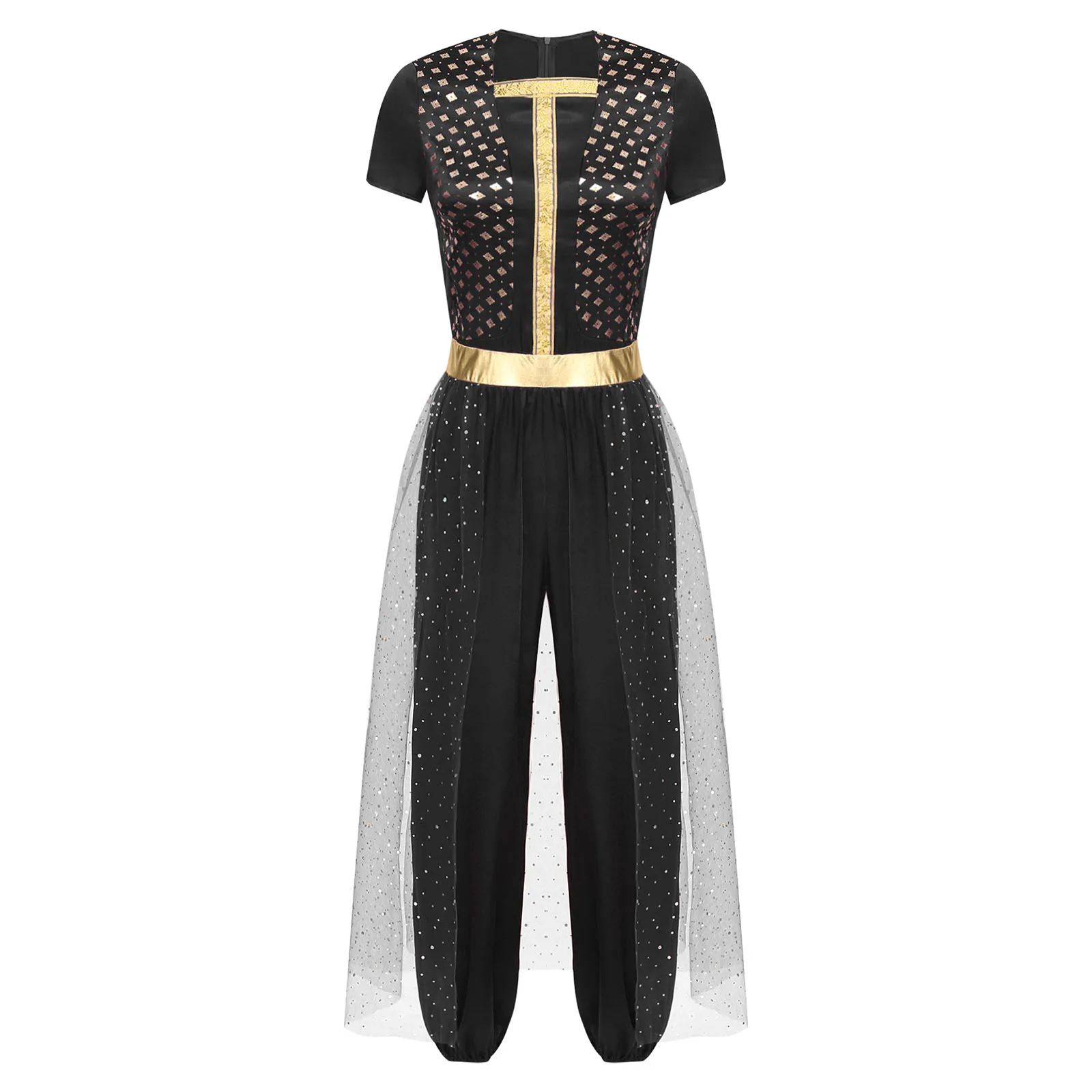 

Womens Arabian Princess Cosplay Jumpsuit Metallic Shiny Long Pants with Sequined Tulle Overlay Halloween Party Romper Costume