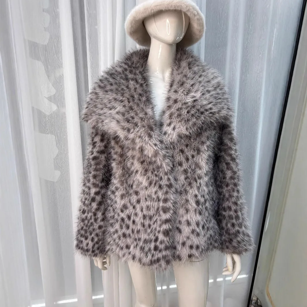 

Leopard Printed Winter Women Eco Fur Coat Fluffy Big Collar Leather Faux Fur Jacket For Female Color Matching Lady Fake Fur Coat