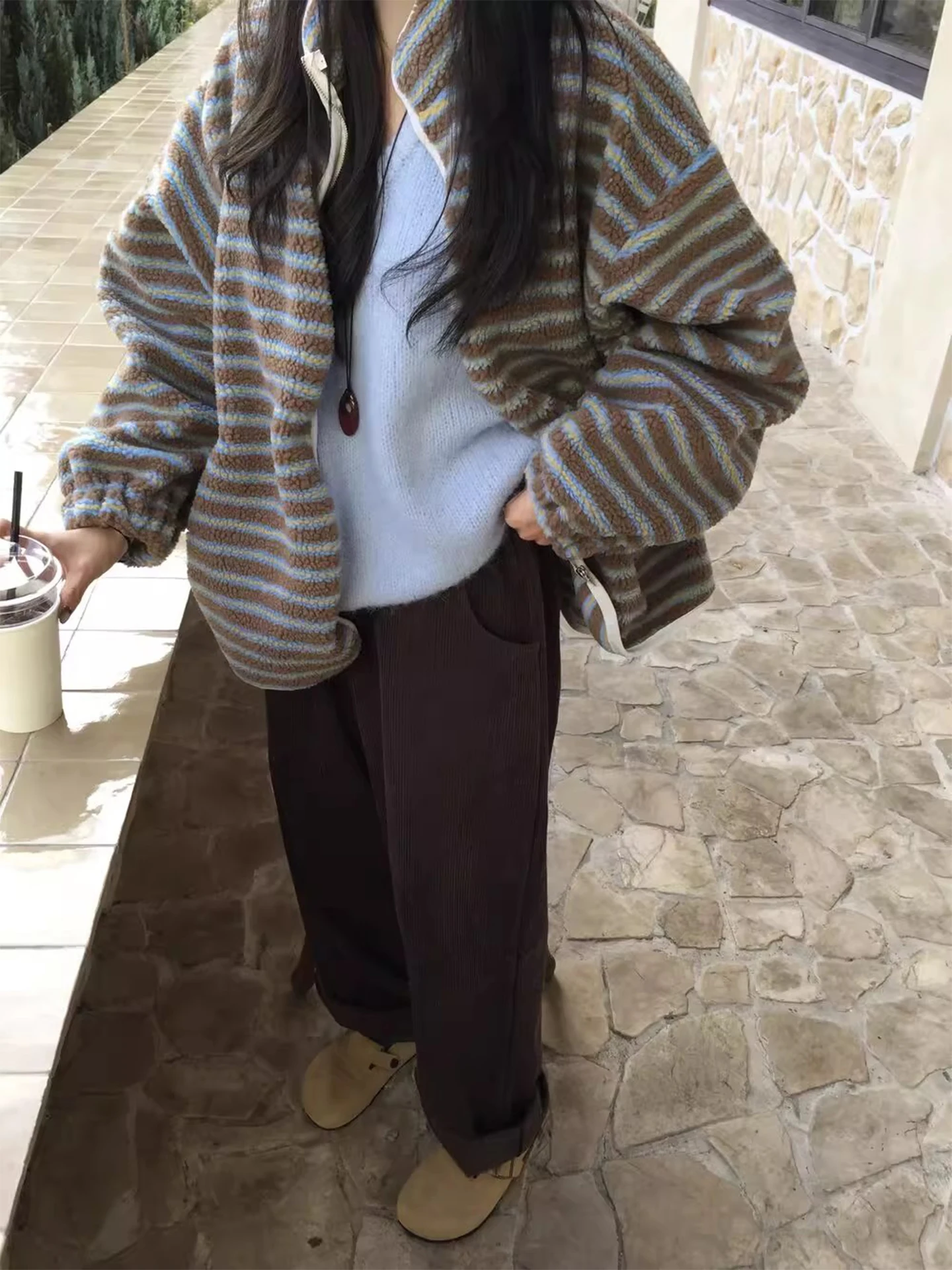 الرجعية مكافحة الشيخوخة اللون بلو تقليم فرو الضأن القطن Jaet المرأة فضفاضة الشتاء الدافئ ملابس خارجية طويلة Sve سستة إغلاق #1